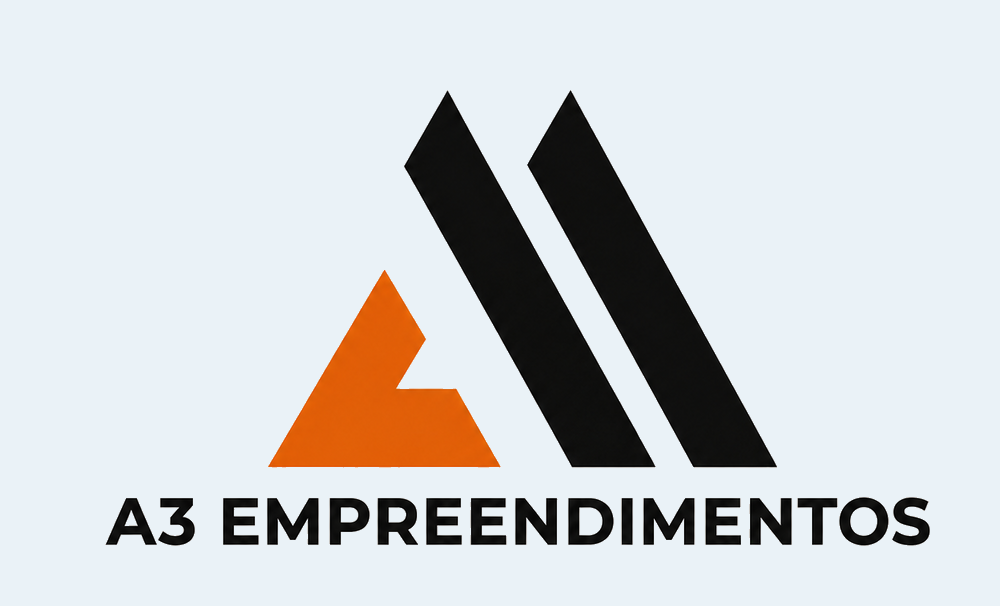 A3 Empreendimentos — símbolo laranja com duas barras pretas sobre fundo azul sutil